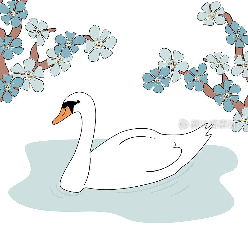 cute cartoon white swan in a lake vector illustration